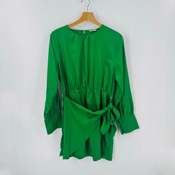 Sunday Up Green Satin Tie-Waist Mini Dress Size Large Holiday Party Cocktail - Picture 6 of 6